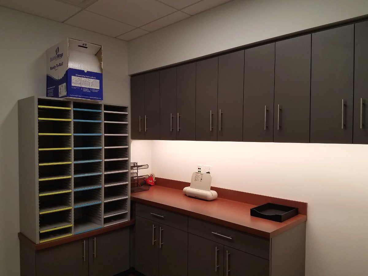 Mailroom, shelves