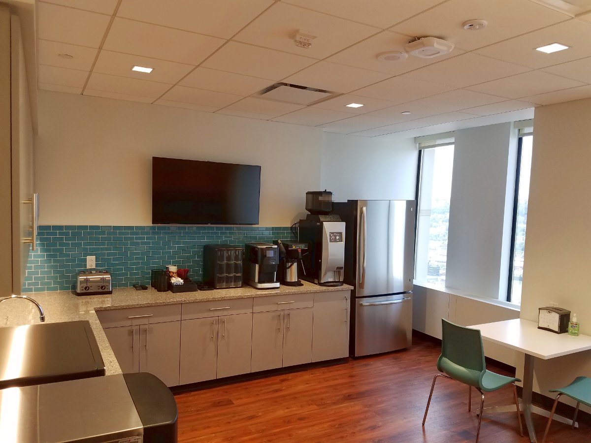 Kitchen, wood floors, blue wall detail