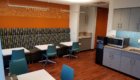 Dining Area Seating, wood floor, blue chairs, orange wall