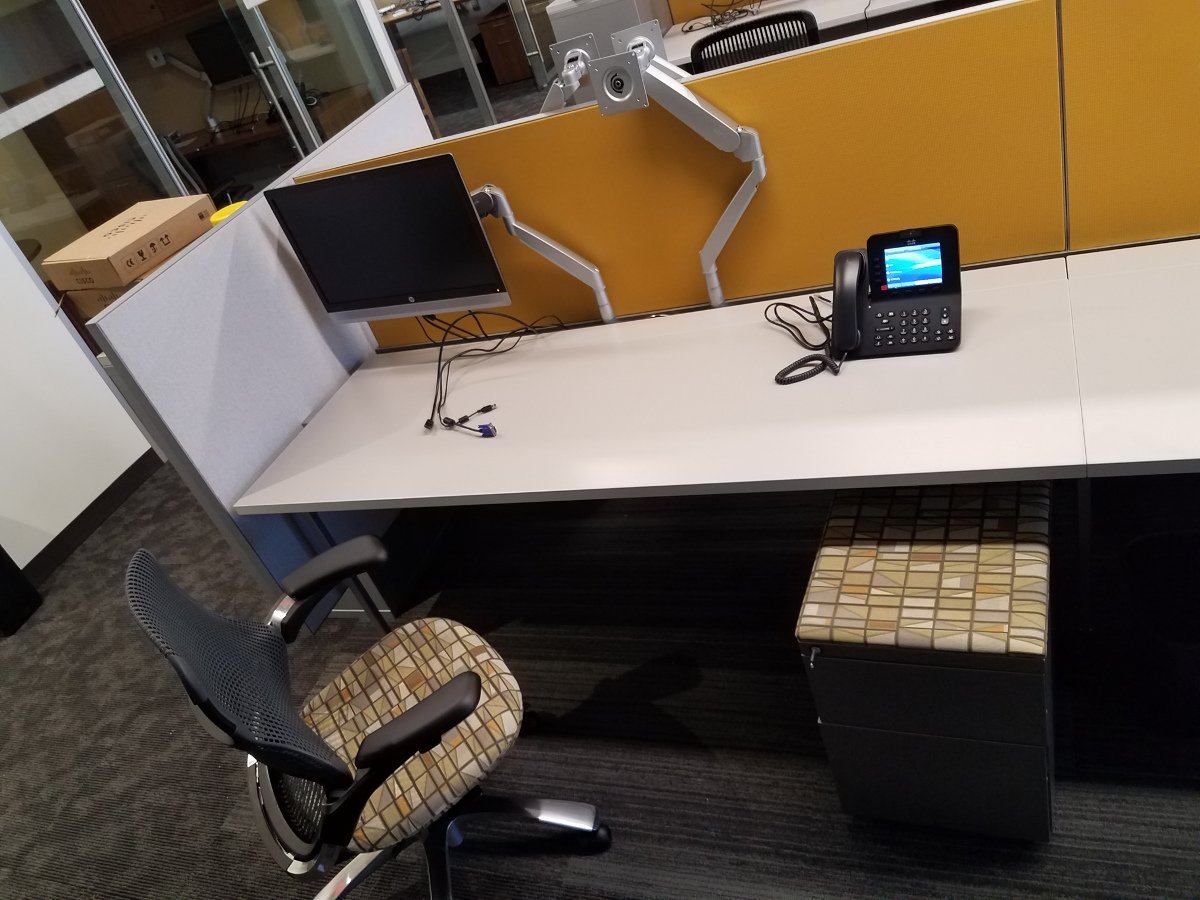 Chair, computer, filing cabinet